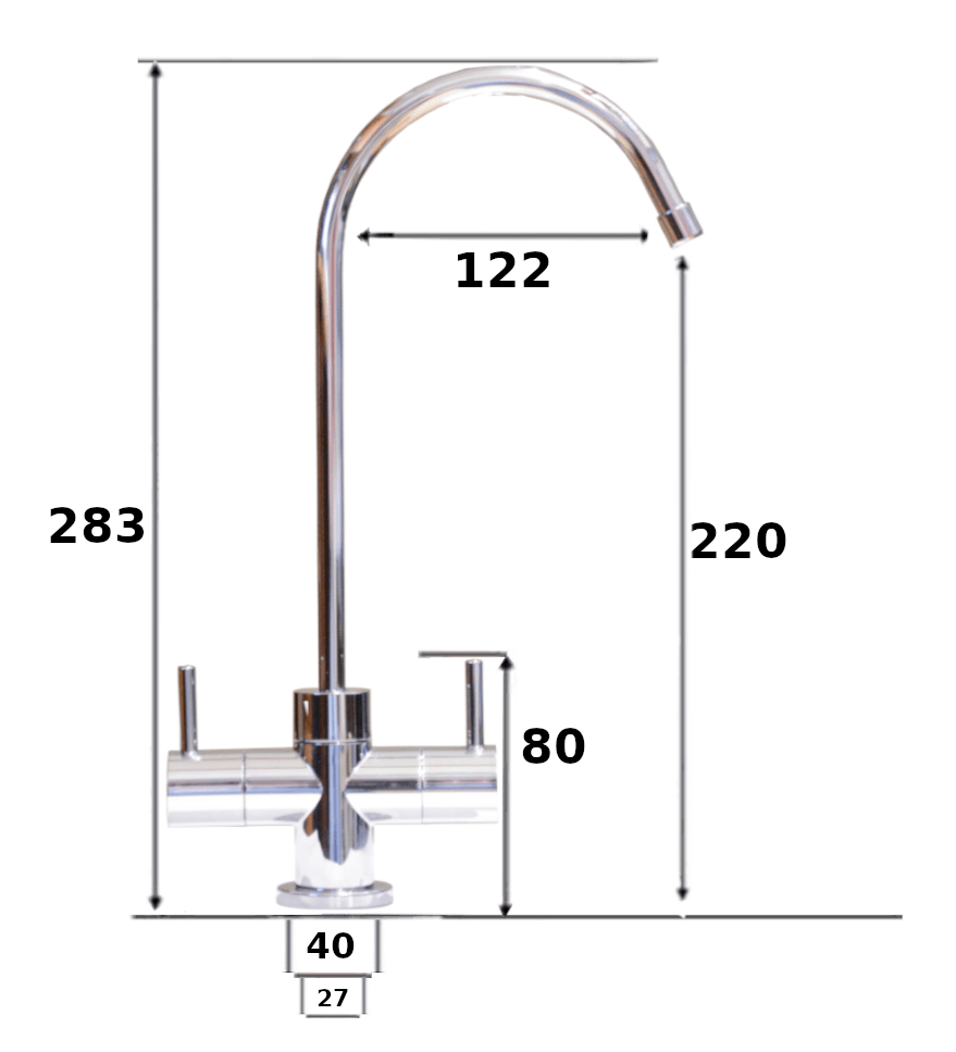 Dimensions for the chrome dual filter tap for chilled and ambient filtered drinking water
