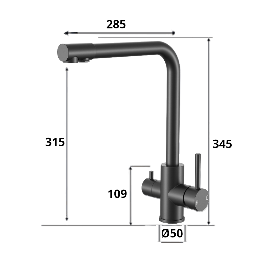 3 Way Sink Mixer - Matte Black Square