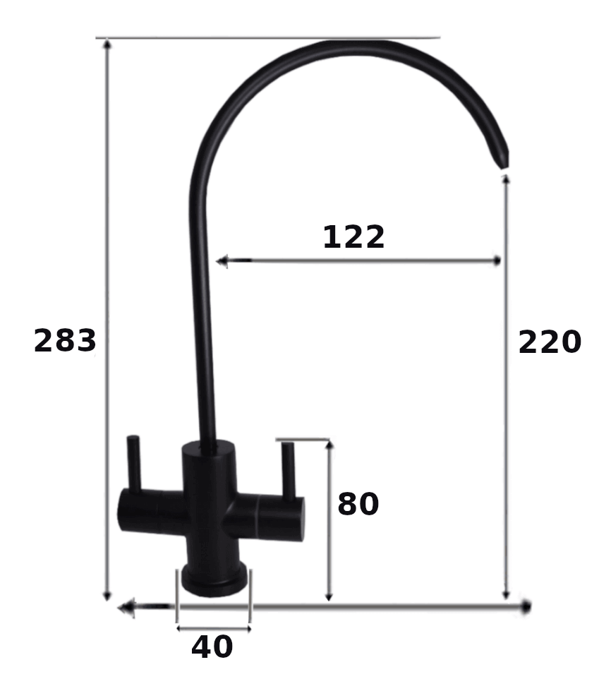 Dimensions of the matt black dual filter tap for chilled and ambient filtered drinking water