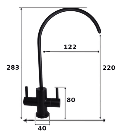 Dimensions of the matt black dual filter tap for chilled and ambient filtered drinking water