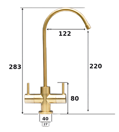 Dimensions of the brushed gold dual filter tap for chilled and ambient filtered drinking water