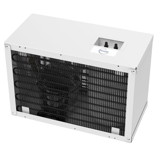 Front, side, and top view of the Waterworks IC8 under sink chiller.